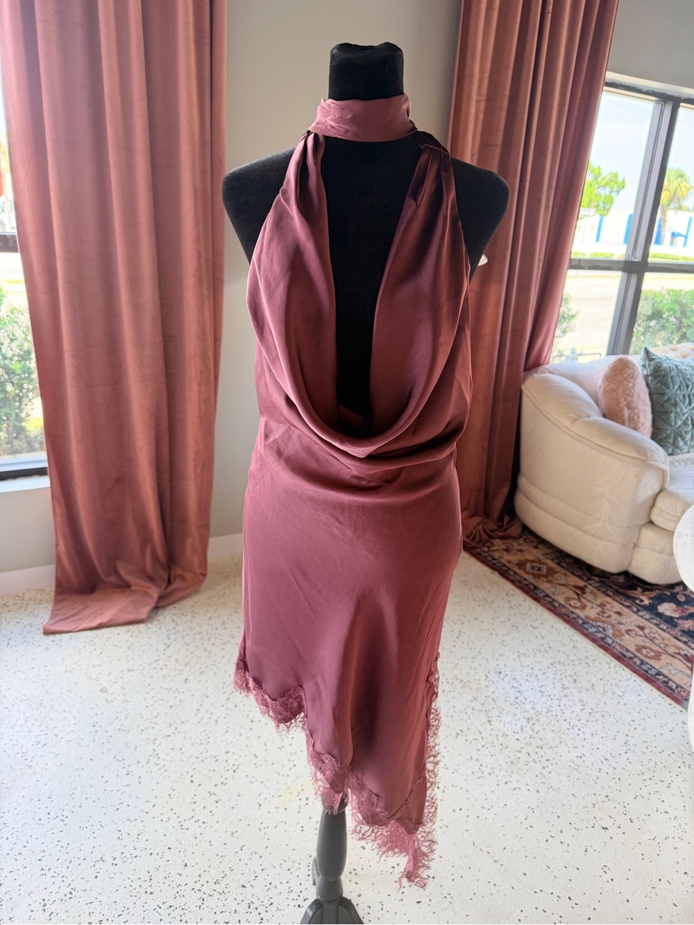 Silky Draped Halter Midi Dress in Mauve